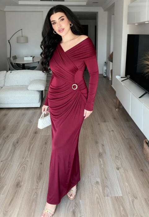 فستان سهرة سترتش بكتف مكشوف ودرابيه image 6