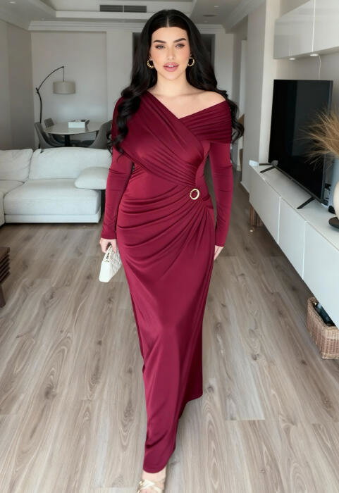 فستان سهرة سترتش بكتف مكشوف ودرابيه image 5