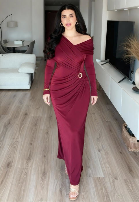 فستان سهرة سترتش بكتف مكشوف ودرابيه image 3