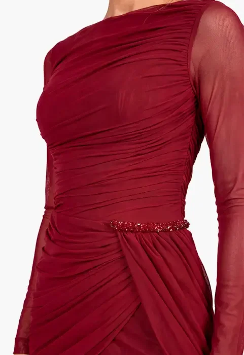 فستان سهرة درابيه بأكمام تول شفافة image 8