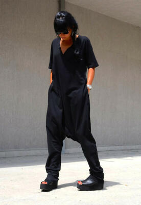 Two Side Black Drop Crotch Jumpsuit, Harem Jumpsuit image 0
