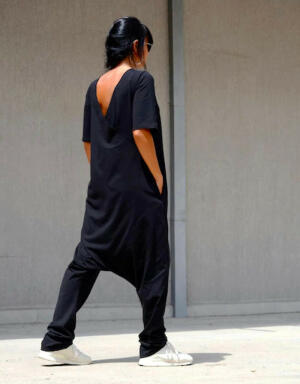 Two Side Black Drop Crotch Jumpsuit, Harem Jumpsuit image 1