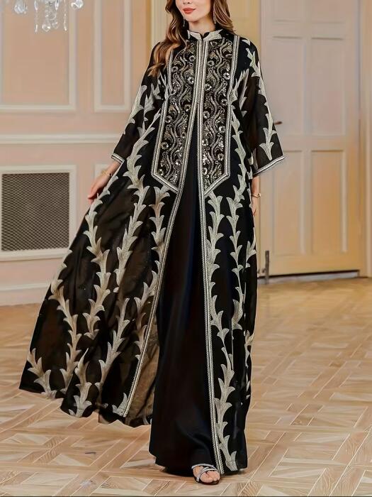 عباية عربية أنيقة بتطريز ذهبي وأسود فاخر image 0