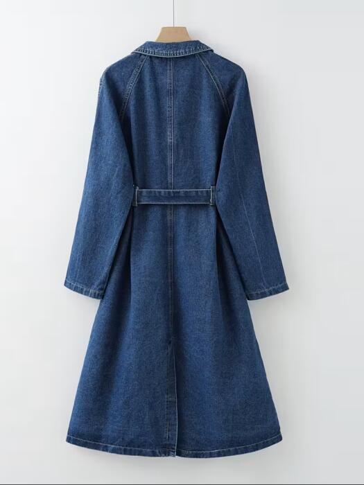 Elegant Long Denim Jacket Coat – Golden-Tone Buttoned Collar, Structured Waist, Casual to Formal Outerwear” image 1