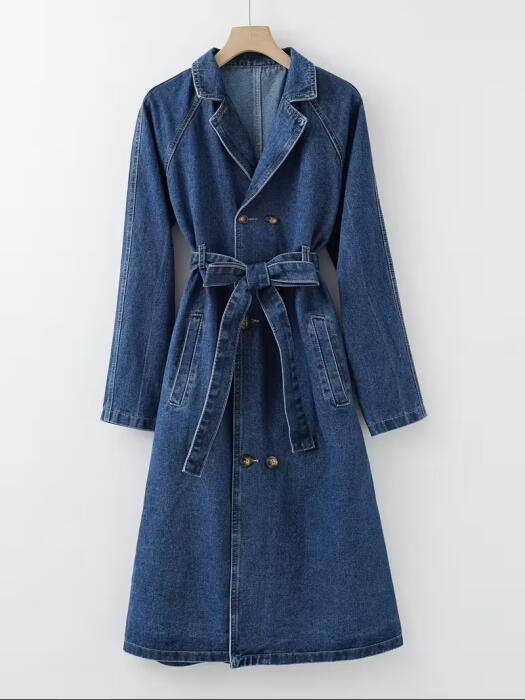 Elegant Long Denim Jacket Coat – Golden-Tone Buttoned Collar, Structured Waist, Casual to Formal Outerwear” image 0