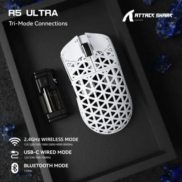 Attack Shark R5 Ultra Carbon Fiber Tri-Mode Wireless (BT/2.4G Wireless/Wired) 8K PAW3950MAX Gaming Mouse - White image 1
