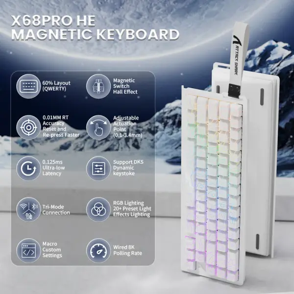 ATTACK SHARK X68 PRO HE Wireless Rapid Trigger Gaming Keyboard with Adjustable Actuation,White image 1
