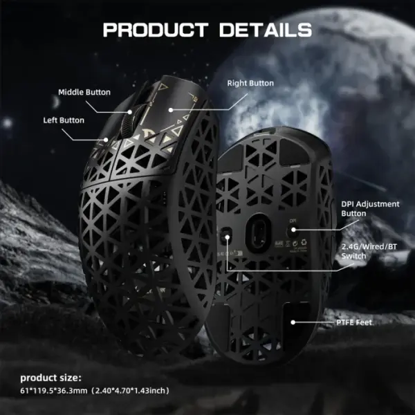 Attack Shark R5 Ultra Carbon Fiber Tri-Mode Wireless (BT/2.4G Wireless/Wired) 8K PAW3950MAX Gaming Mouse - Black image 2