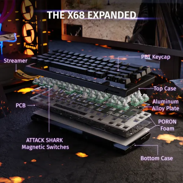 ATTACK SHARK X68 PRO HE Wireless Rapid Trigger Gaming Keyboard with Adjustable Actuation BLACK image 1