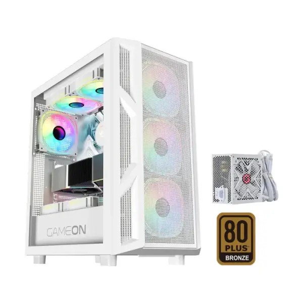 GameOn Trident IV-A PowerForge Series Mid Tower Gaming Case with 750W Power Supply Pre-Installed (4 ARGB Fans Included) - White image 0