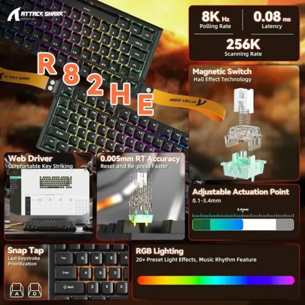 Attack Shark R82 HE Rapid Trigger 75% Wired 8KHz Magnetic Keyboard With 0.005mm RT - Black image 1