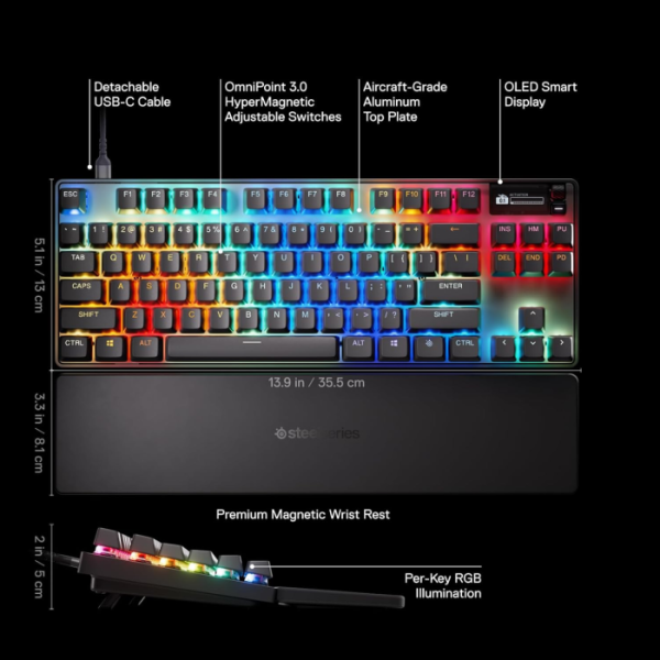 SteelSeries Apex Pro Esports TKL Gen 3 Mechanical Wired Gaming Keyboard, Omnipoint 3.0 Smarter GG QuickSet, Dynamic Per-Key RGB Illumination, OLED Smart Display, Magnetic Wrist Rest, For PC/PS5 & Xbox image 6