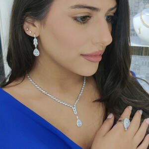 Silver Toned Pear Necklace Set-White image 0
