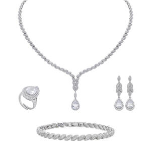 Silver Toned Pear Necklace Set-White image 4