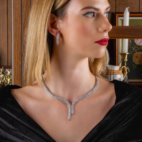Zircon Necklace Set-Silver/White image 0
