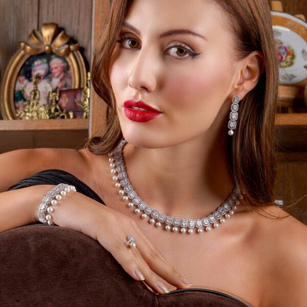 Silver Toned Pearl Necklace Set image 0