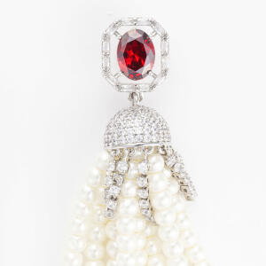 Silver Toned Pearl Earrings-Wine Reddish image 1
