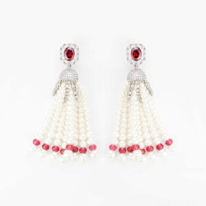 Silver Toned Pearl Earrings-Wine Reddish image 0