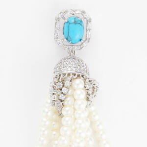 Silver Toned Pearl Earrings-Turquoise image 1