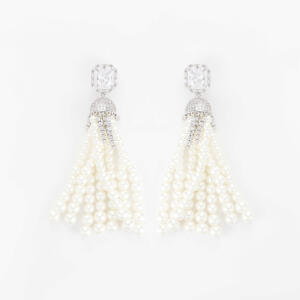 Silver Toned Pearl Earrings-White image 0