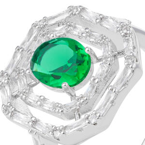 Silver Toned Zircon Ring-Green image 1