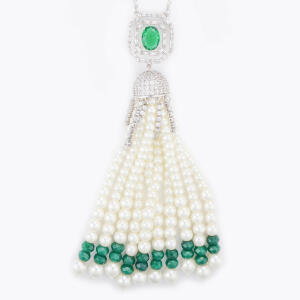 Silver Toned Pearl Necklace-Green image 1