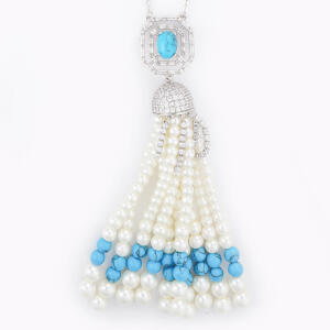Silver Toned Pearl Necklace-Turquoise image 1