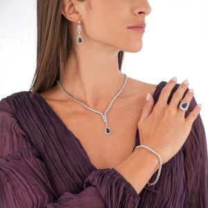 Silver Toned Pear Necklace Set-Navy image 0
