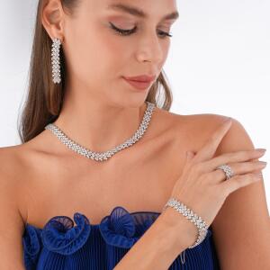 Zircon Necklace Set-Silver/White image 1
