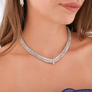 Silver Toned Marquise Necklace Set image 1