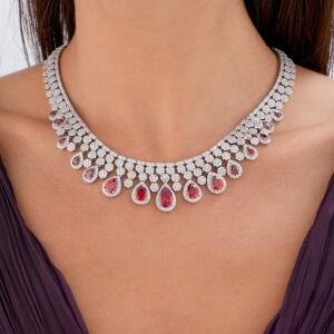 Silver Toned Pear Necklace Set-Wine Reddish image 2