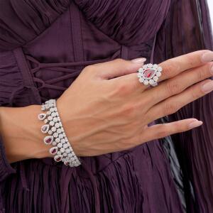 Silver Toned Pear Necklace Set-Wine Reddish image 3