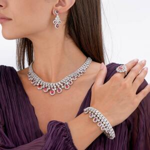 Silver Toned Pear Necklace Set-Wine Reddish image 0