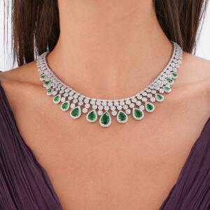 Silver Toned Pear Necklace Set-Green image 2