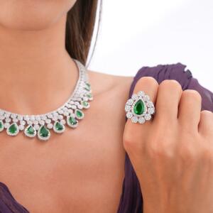 Silver Toned Pear Necklace Set-Green image 3