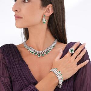 Silver Toned Pear Necklace Set-Green image 0