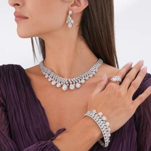 Silver Toned Pear Necklace Set-Off-White image 0