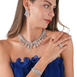 Silver Toned Marquise Necklace Set image 0