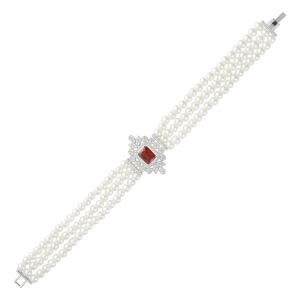 Silver Toned Pearl Necklace Set-Wine Reddish image 5
