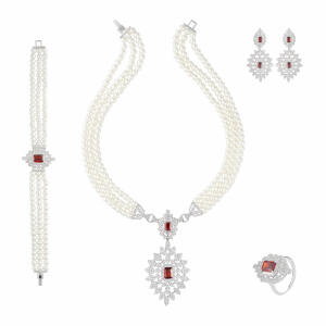 Silver Toned Pearl Necklace Set-Wine Reddish image 0