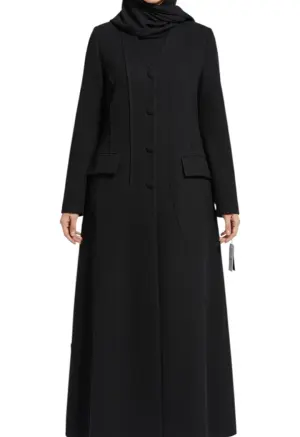 عباية سوداء صيفية بأزرار أمامية وقماش كوبرا – Abaya Style image 0