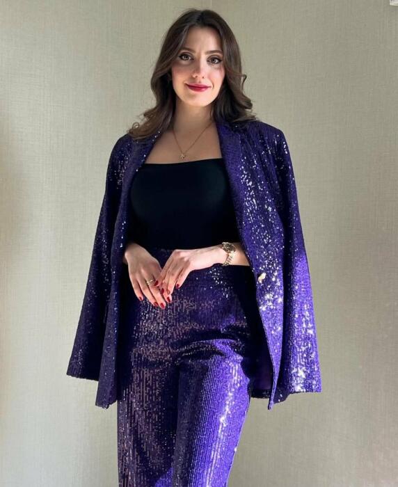 Women's 2 Piece Set - Purple Sparkly Sequin Long Sleeve Jacket and High Waist Straight Pants, Luxury Evening Party Suit image 0