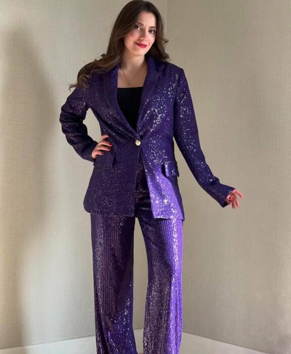 Women's 2 Piece Set - Purple Sparkly Sequin Long Sleeve Jacket and High Waist Straight Pants, Luxury Evening Party Suit image 1