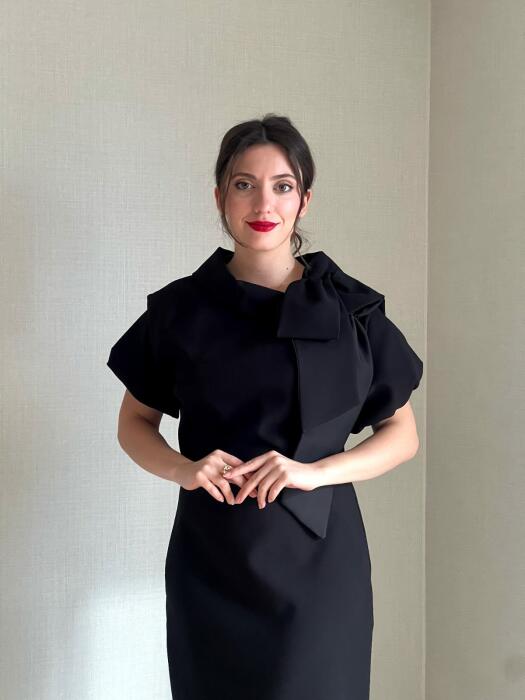 Women's round neck dress with large bow detail and elegant design with short sleeves image 2