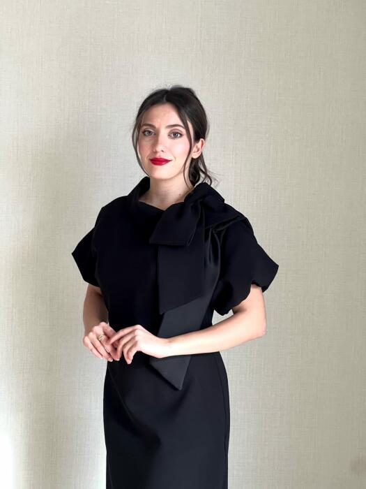 Women's round neck dress with large bow detail and elegant design with short sleeves image 3