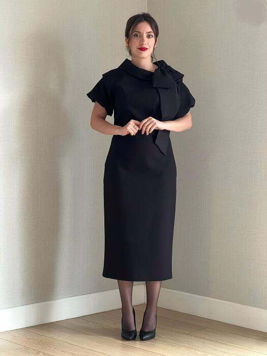 Women's round neck dress with large bow detail and elegant design with short sleeves image 0