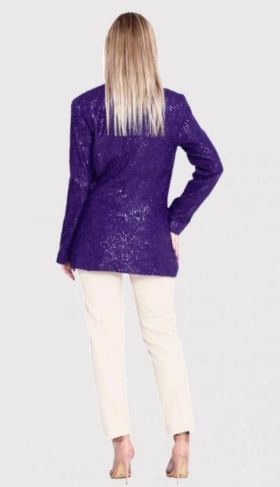 Women's 2 Piece Set - Purple Sparkly Sequin Long Sleeve Jacket and High Waist Straight Pants, Luxury Evening Party Suit image 5