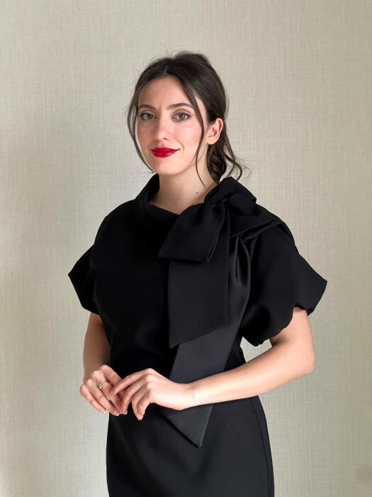 Women's round neck dress with large bow detail and elegant design with short sleeves image 1