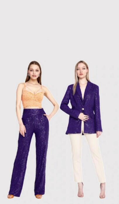 Women's 2 Piece Set - Purple Sparkly Sequin Long Sleeve Jacket and High Waist Straight Pants, Luxury Evening Party Suit image 8