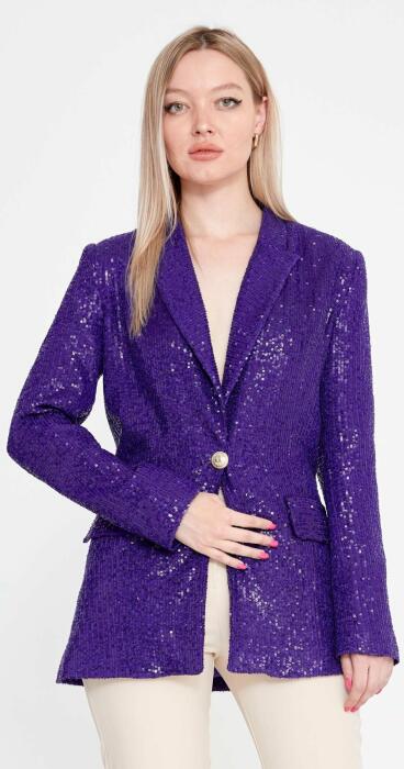 Women's 2 Piece Set - Purple Sparkly Sequin Long Sleeve Jacket and High Waist Straight Pants, Luxury Evening Party Suit image 3